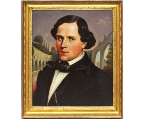 Portraitist (deutsch, Ende 19. Jh.) Portrait eines Mannes im Anzug, umgeben von Ruinenarchitektur in italienischer Landschaft