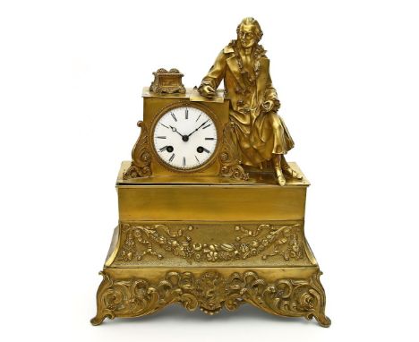 Pendule, Charles X. Feuervergoldete Bronze. Sockel (Verschraubung lose) mit Früchten und Voluten im Relief. Figürlicher Aufsa
