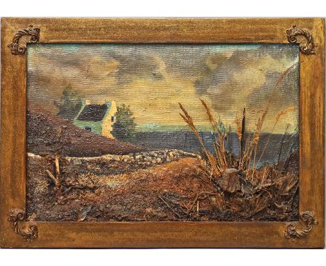 Wölke, Jürgen (1939 Berlin - Mallorca 2010) Landschaft mit Hütte am Weg. Assemblage aus verschiedenen Materialien auf Lwd. Ca