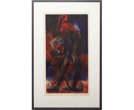 Fetting, Rainer (geb. 1949 Wilhelmshaven) Mann mit Pelikan. Farbaquatinta/Kaltnadel auf Fabriano-Velin, re. u. mit Bleistift 