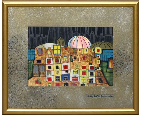 Hundertwasser, Friedensreich (1928 Wien - vor Neuseeland 2000) "Barbakan-Castle in Poland". Farboffsetlithographie mit Gold, 