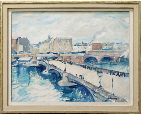 Unbekannter Maler (20. Jh.) Brücke mit Passanten und Schiffen (wohl Paris). Öl/Lwd., re. u. sign. 45,5x 58 cm. R.