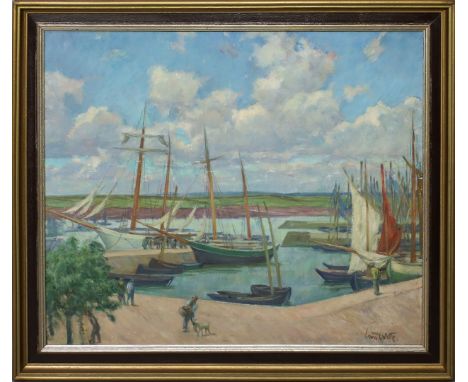 Witte, Kurt (1882 Schlüsselburg - Hannover 1952) Sommerliches Seeufer mit ankernden Segelbooten und Spaziergänger. Öl/Lwd. (w