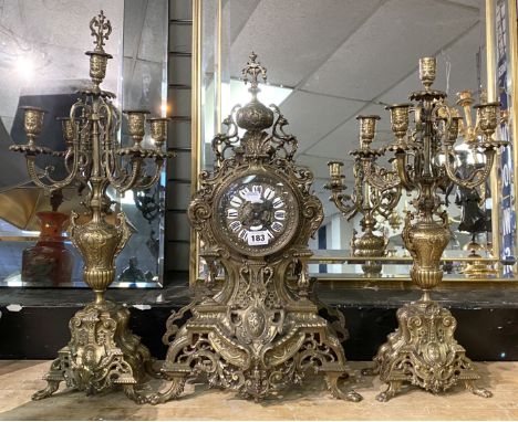 BRASS MANTLE CLOCK &amp; GARNITURE &amp; ORMOLU CANDELABRA