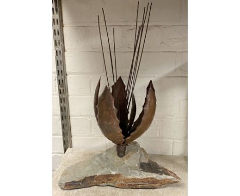 MODERN ART IN COPPER OF A FLOWER BY P.M. CLARK ON STONE