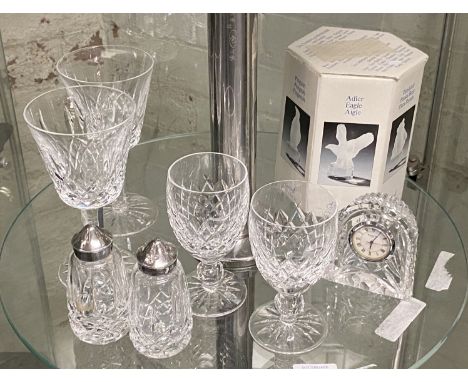 WATERFORD CRYSTAL CLOCK TOGETHER WITH WATERFORD GLASSES &amp; SALT &amp; PEPPER, 2 WINE GLASSES &amp; A GOEBEL DOPLHIN FIGURE