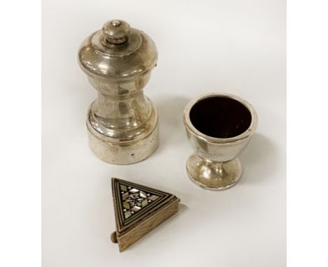 SILVER &amp; MOTHER OF PEARL TRINKET BOX WITH SILVER PEUGEOT SALTMILL &amp; EGG CUP
