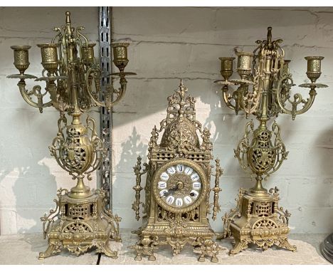 BRASS MANTLE CLOCK &amp; ORMOLU GARNITURE CANDELABRA
