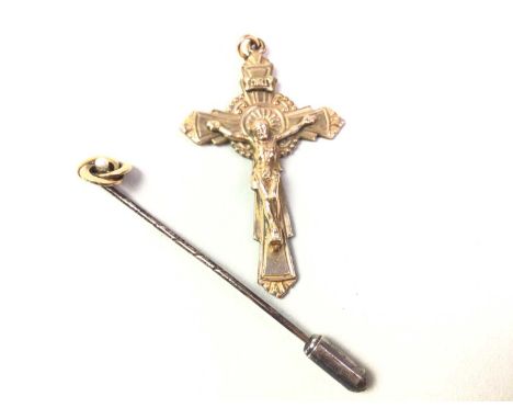 GOLD FILLED CRUCIFIX PENDANT, AND A GOLD MOUNTED STICK PIN the crucifix marked 12K G/F, the stick pin with gold top and marke