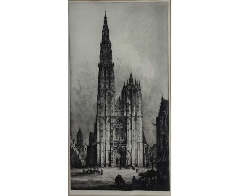 ANDREW FAIRBAIRN AFFLECK (SCOTTISH 1869 - 1935), CATHEDRAL OF OUR LADY, ANTWERP etching on paper, signedmounted, framed and u