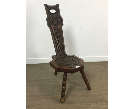 VICTORIAN CARVED OAK SPINNING CHAIR, carved with scrolling foliage on bobbin turned legs