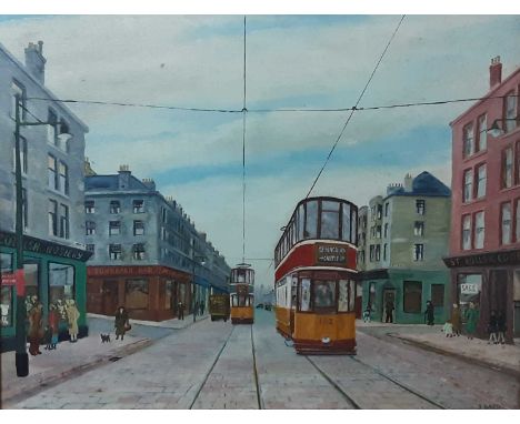 TWO OIL PAINTINGS, depicting street scenes with vintage tramsframedlarger 45cm x 55cm overall Qty: 2