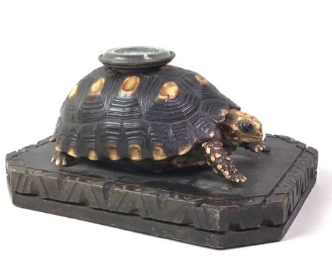 TAXIDERMY VICTORIAN TORTOISE DESK STAND, LATE 19TH CENTURY fitted with a removable gun metal inkwell with original glass line