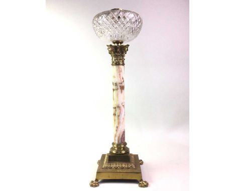 LATE VICTORIAN OIL LAMP, LATE 19TH/EARLY 20TH CENTURY the glass shade above a turned column, raised on a square base on claw 