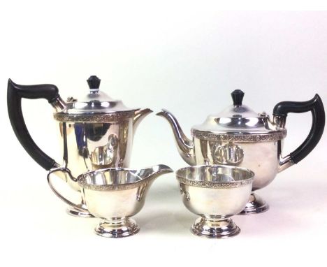 SILVER PLATED FOUR PIECE TEA SERVICE, comprising tea pot, water pot, sugar and cream, also an oval bread comport and a set of