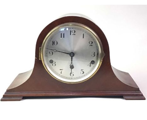 EDWARDIAN MAHOGANY MANTEL CLOCK, with circular silvered dial with Arabic numerals in black38cm wide