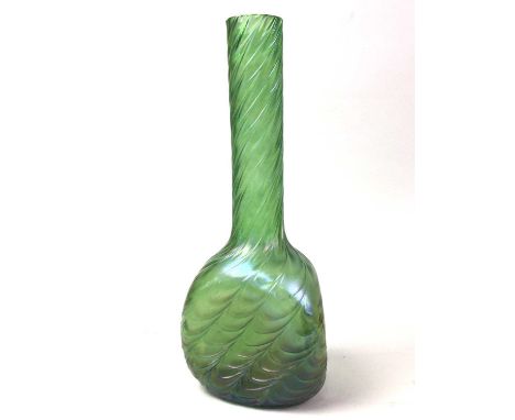 LOETZ STYLE GREEN IRIDESCENT GLASS VASE, ALONG WITH A BOHEMIAN ORANGE GLASS LIGHT SHADE  the vase with tall cylindrical neck 