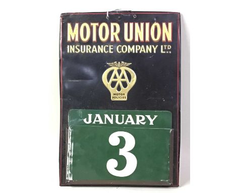 VINTAGE TINPLATE MOTOR UNION INSURANCE COMPANY LIMITED CALENDAR, EARLY/MID 20TH CENTURY with removable numerical panels32.5cm