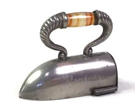 TWO VINTAGE NOVELTY TAPE MEASURES, one modelled as a flat iron, with agate handle, the other modelled as a barrel and marked 