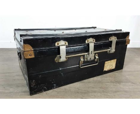 VINTAGE METAL BOUND TRAVEL TRUNK, with front and side handles31cm x 75cm