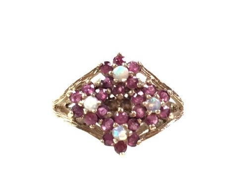 GROUP OF DRESS RINGS AND EARRINGS, MOSTLY NINE CARAT GOLD  including an opal and amethyst cluster ring and an amethyst and pe