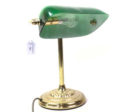 BANK TELLER'S TABLE LAMP, with green glass shade, wide35cm high