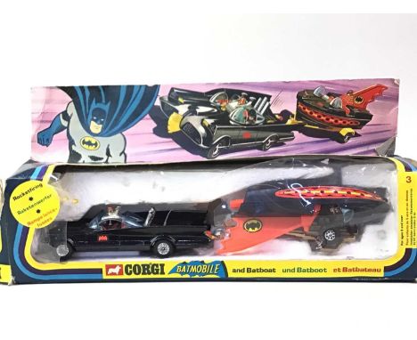 VINTAGE CORGI BATMAN BATMOBILE AND BATBOAT SET, Corgi Batman set including Batmobile in black with chrome hubs, plastic aeria