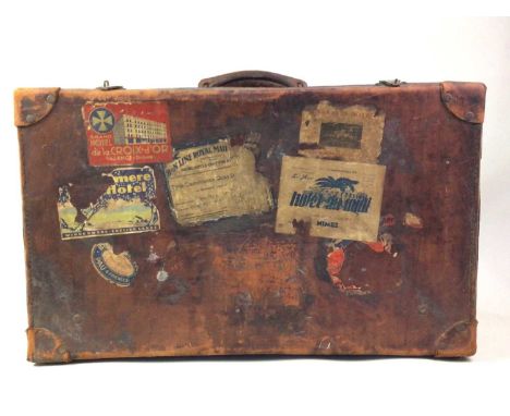 VINTAGE LEATHER SUITCASE, EARLY / MID 20TH CENTURY with initials J.C.S.62cm wide