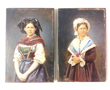 TWO CONTINENTAL PORTRAIT PAINTINGS, on wood, each depicting a female, bearing monogram to lower left15.5cm high x 10cm wide A