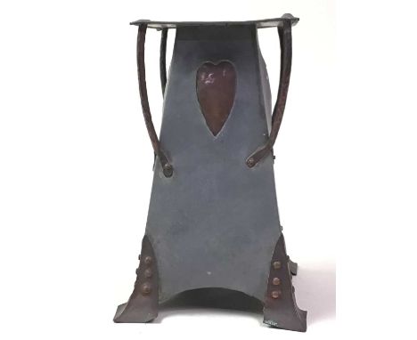 ARTS & CRAFTS PLANTER / VASE, EARLY 20TH CENTURY of tapering square form, with applied copper heart shaped panels and raised 