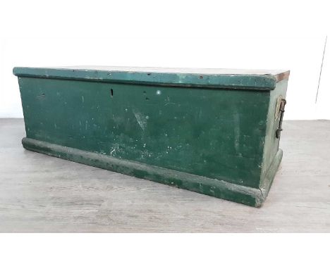TWO WOODEN TOOLBOXES, AND GARDEN TOOLS painted greenlargest box 30cm high, 85cm wide