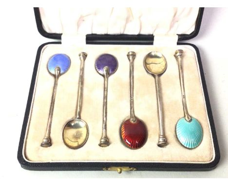 SET OF SIX SILVER AND ENAMEL COFFEE SPOONS, BIRMINGHAM MARKS casedSome damage present to the red and light blue enamelled spo