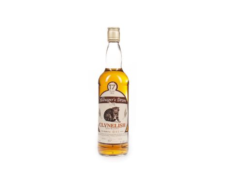 CLYNELISH MANAGERS DRAM AGED 17 YEARS Single Malt Scotch Whisky Sherry cask matured, bottle no. 115, signed 23 November 1998.