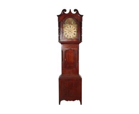 A GEORGE III OAK LONGCASE CLOCK, the 36cm painted arch dial with Roman numerals, and seconds dial, inscribed " J Ramsbottom H