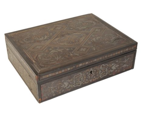 A BOULLE WORK AND EBONISED WOOD BOX,, first half 18th century, the hinged cover, back, front and sides decorated overall with
