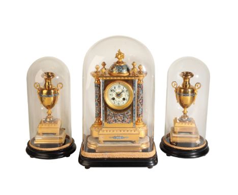 A VICTORIAN FRENCH ORMOLU AND ENAMEL CLOCK GARNITURE, the  clock with eight-day movement striking on a coiled gong, in a fitt