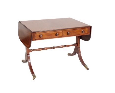 A GEORGE III MAHOGANY AND CROSSBANDED SOFA TABLE,, late 18th century, the twin drop ends of the rectangular top with rounded 