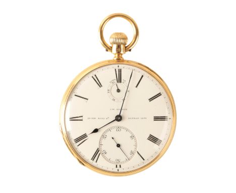 J.W.BENSON OF LONDON: AN 18 CT GOLD GENTLEMAN'S OPEN FACE POCKET WATCH, with key-wind movement, the white enamel dial with do