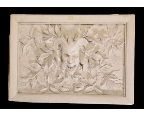 AN ITALIAN MOULDED PLASTER RELIEF PANEL DEPICTING A GROTESQUE MASK,, late 19th /early 20th century, of rectangular form, the 