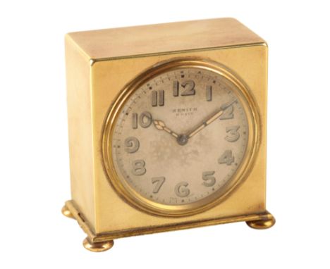 A ZENITH 8 DAY BRASS DESK CLOCK, with manual wind movement, the silver dial with Abarabic numerals and dark blue luminous ste