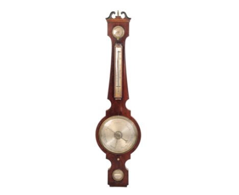 A GEORGE III  MAHOGANY BANJO BAROMETER, the silvered dial below a thermometer and hygrometer, the lower level dial inscribed 