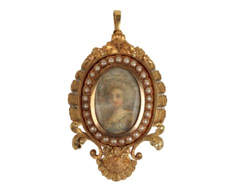 A 19TH PORTRAIT PENDANT/ BROOCH / LOCKET, the painted oval portrait within a border of seed pearls and outer unmarked yellow 