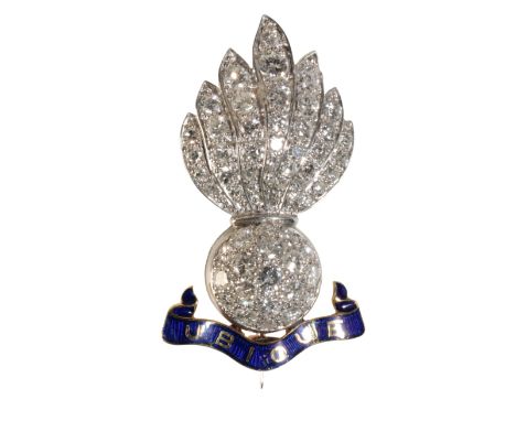A DIAMOND AND ENAMEL ROYAL ARTILLERY ENGINEERS SWEET HEART BROOCH, the enamel plaque inscribed "UBIQUE", set in unmarked whit