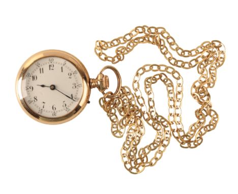 A GENTLEMAN'S GOLD  OPEN FACE POCKET WATCH, with key-less wind movement, the white enamel dial with black Arabic numerals and