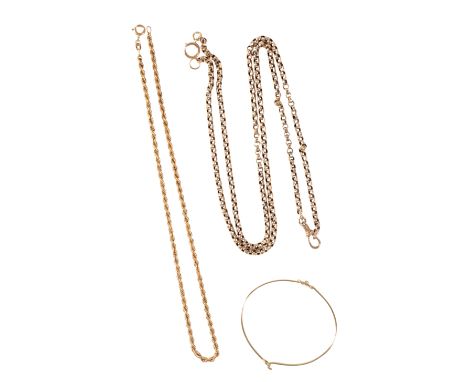 A 9CT GOLD BELCHER FOB CHAIN, 82cm long, together with one other 9ct gold necklace, and an unmarked yellow metal bangle set w
