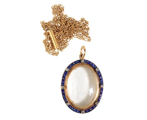A ROTATING  TURQUOISE ENAMEL, AND DIAMOND LOCKET NECKLACE, the clear rotating locket suspended, between a frame of old-cut di