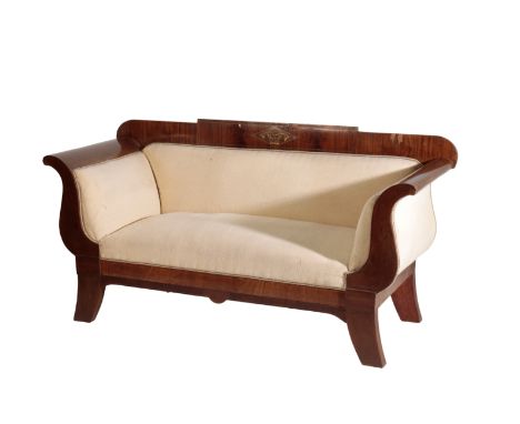 A LOUIS PHILIPPE WALNUT AND UPHOLSTERED SOFA,, circa 1830, the straight backrest with line inlaid decoration, above outscroll