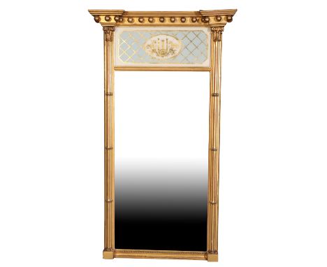 A LATE GEORGE III GILTWOOD FRAMED PIER MIRROR,, early 19th century, the inverted breakfront cornice with applied spheres abov