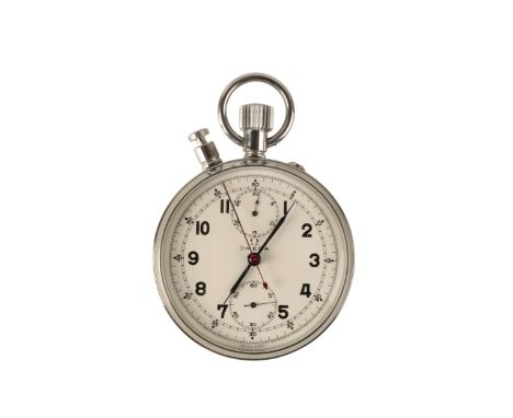AN OMEGA CHROME-PLATED CHRONOGRAPH STOP WATCH,, the white dial with black Arabic numerals and double subsidiary dials, dark b