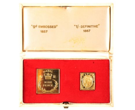 18CT GOLD NINE PENCE 1857 AND ONE SHILLING 1867 STAMP SET, by the First Natal postage stamps, in original box with certificat